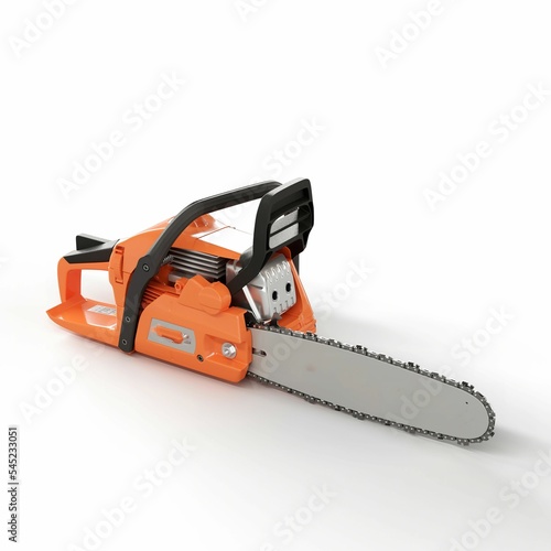 3D render of an orange chainsaw isolated on a white background