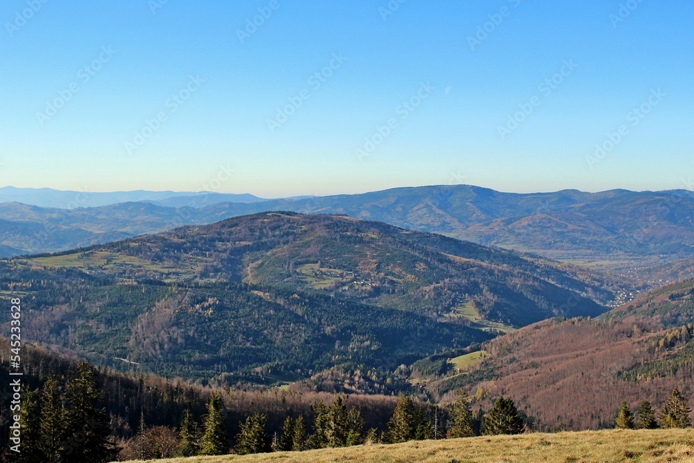 Beautiful view of hills covered in trees with a blue sky background Beautiful view of hills covered in trees with a blue sky background