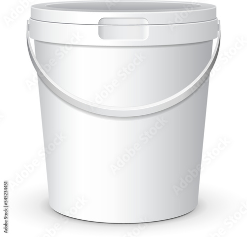 White Mock Up Food Plastic Tub Bucket Container With Handle, Lid Cap For Dessert, Yogurt, Ice Cream, Sour Cream Or Snack. Ready For Your Design. Product Packing Vector EPS10