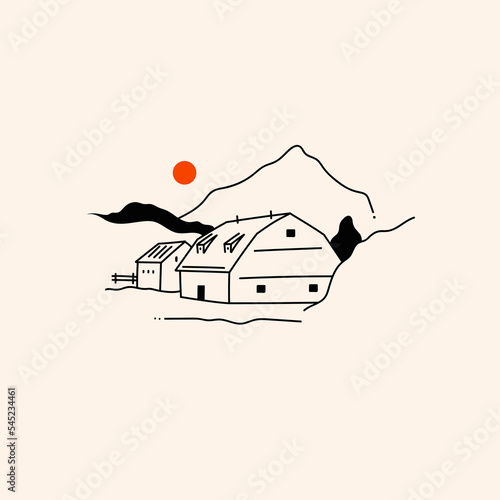 Rural landscape. Outline hills, mountains, house or barn, trees, moon or sun. Hand drawn Vector illustration. Minimalistic panoramic sketch of countryside. Isolated icon. Logo, print, poster template