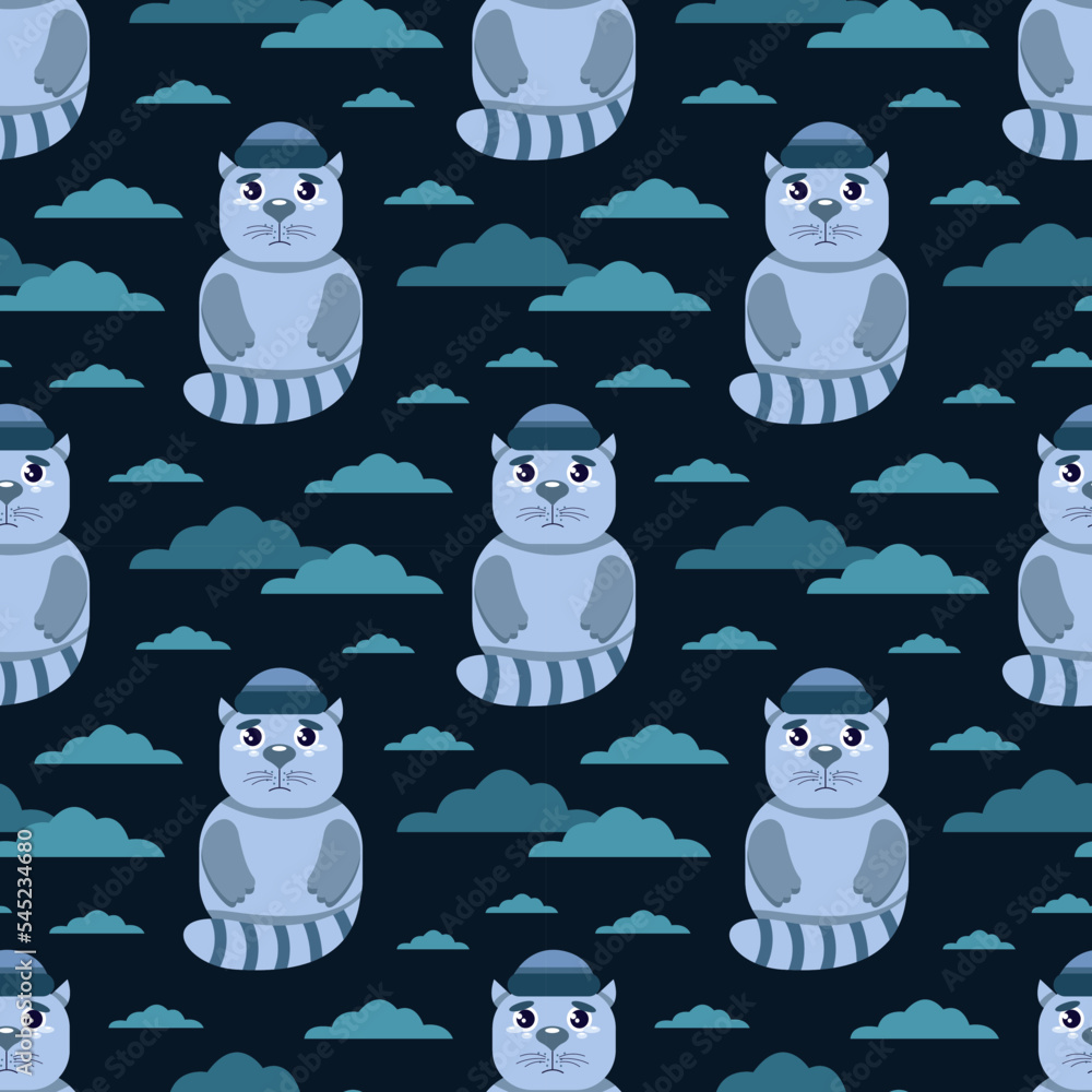 Vector seamless pattern with sad cat in tears