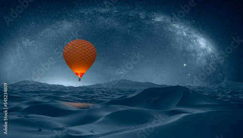 Tablou canvas Hot air balloon flying over Sahara desert - Amazing milky way over the sand dune
