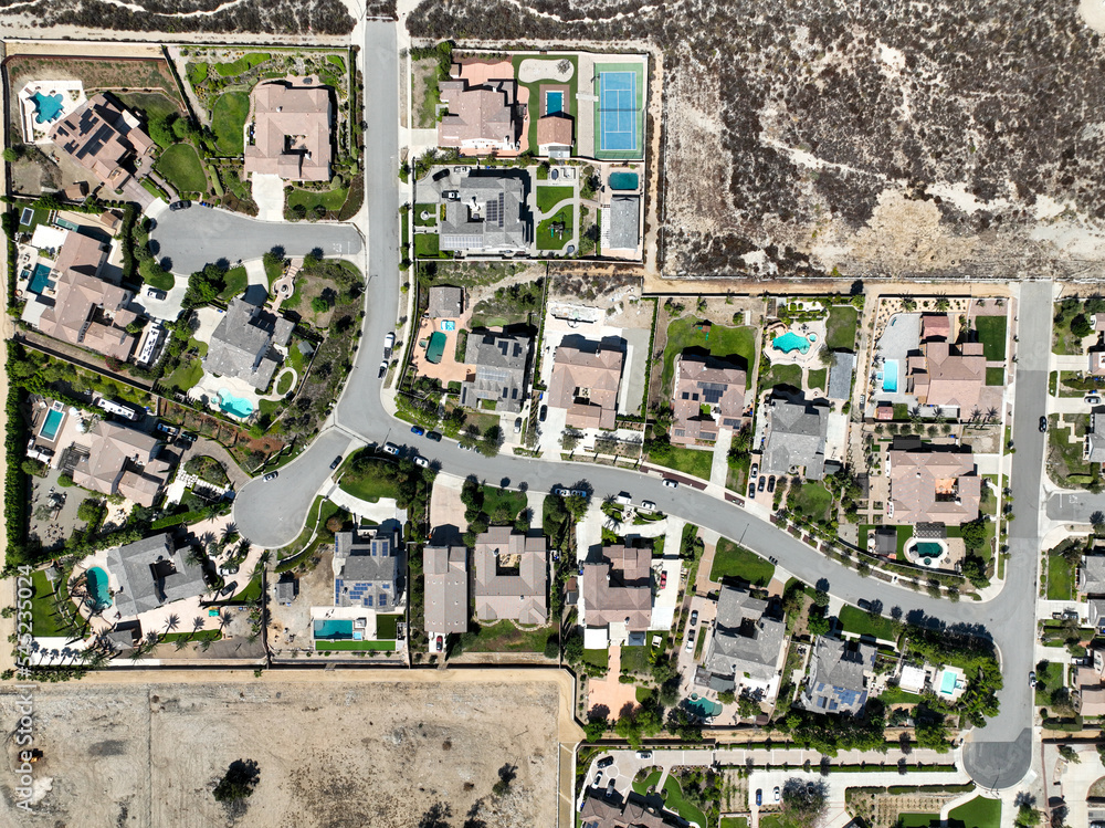 Aerial top view of big villas with pools in Rancho Cucamonga, in San Bernardino County, California, United States.