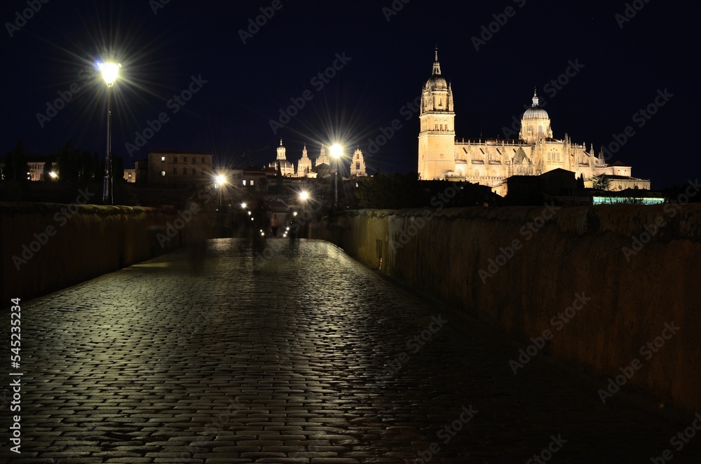 Puente romano de Salamanca por la noche con la catedral, museo Casa Lis, la catedral vieja y la iglesia barroca de la clerecia iluminadas