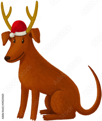 Christmas collection. Christmas dog in a santa's red hat with deer horns, iso...
