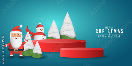 3d Christmas pedestal for display your product. Emotional cartoon santa and snowman with decorative fir trees. Festive xmas podium for sale. Holiday mockup. Vector illustration