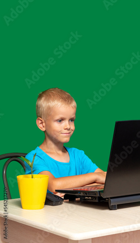 Boy smiles, sits and looks at laptop screen. There is flower in a pot on table. Green background with space for text. Selective focus. Picture for articles about children, education.