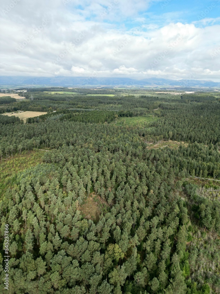 Aerial vertical shot of the green Devilla Forest landscape in Scotland with a scenic cloudscape
