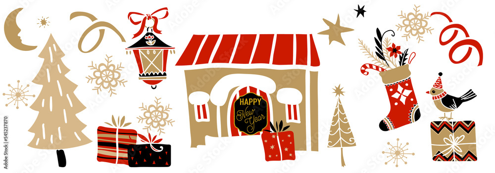 New Year, Holiday illustration. House, snow, animals, gift boxes, balls,  stars.