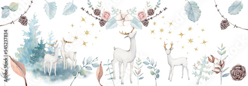Print op canvas Christmas winter animals with flowers, stars