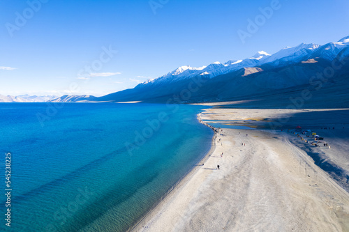 Aerial landscape of Pangong Lake and mountains with clear blue sky, it's a highest saline water lake in Himalayas range, landmarks and popular for tourist attractions in Leh, Ladakh, India, Asia