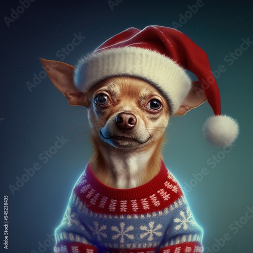 Süßer Hund mit Weihnachtsmütze im Portrait zu Weihnachten als Postkartenmotiv © Sebastiart