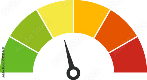 Vector speedometer meter with arrow for dashboard with green, yellow, orange and red indicators. Gauge of tachometer. Low, medium, high and risk levels. Bitcoin fear and greed index cryptocurrency