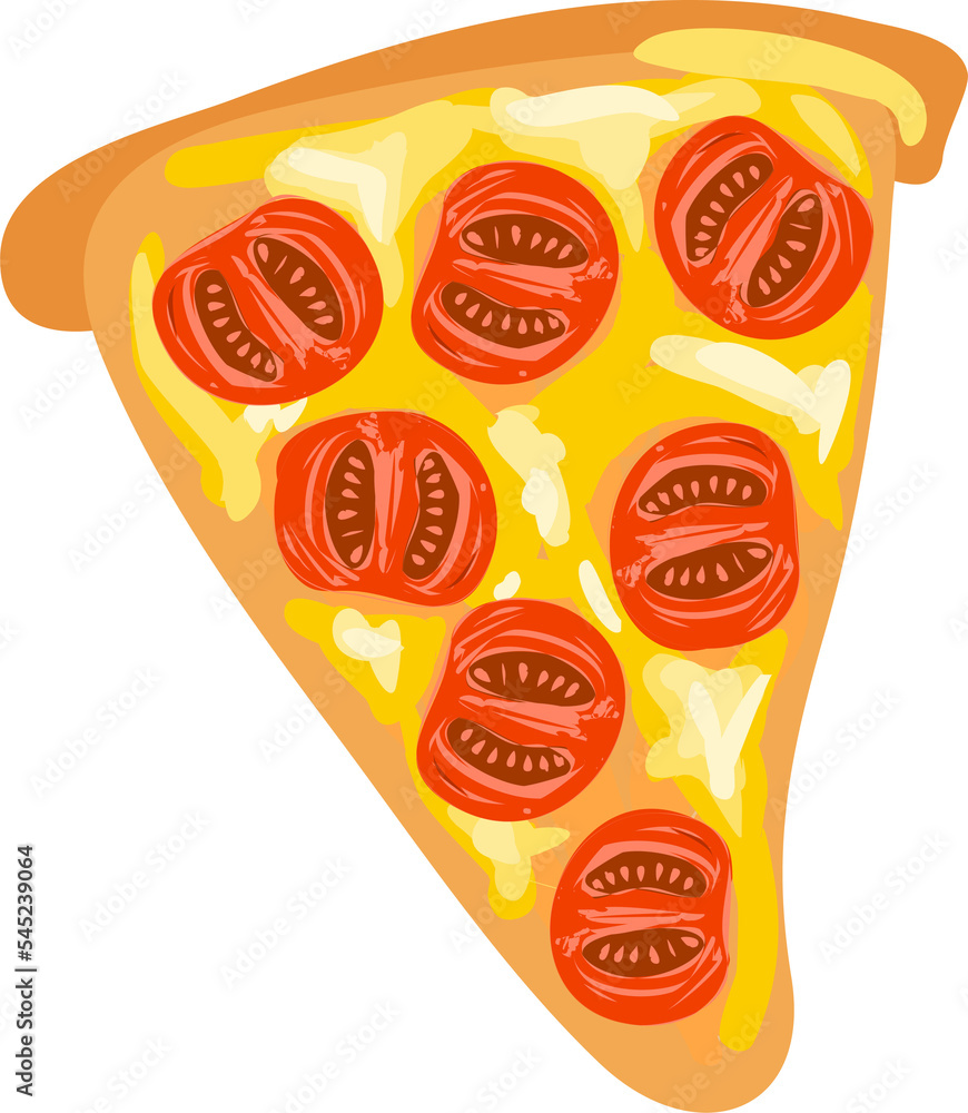 Slice of pizza with tomatoes and cheese. Appetizing hand drawn pizza slice.