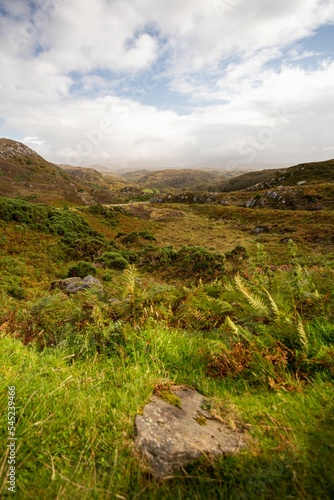 Vertical shot of a narrow road surrounded by the mountains and hills on a gloomy day