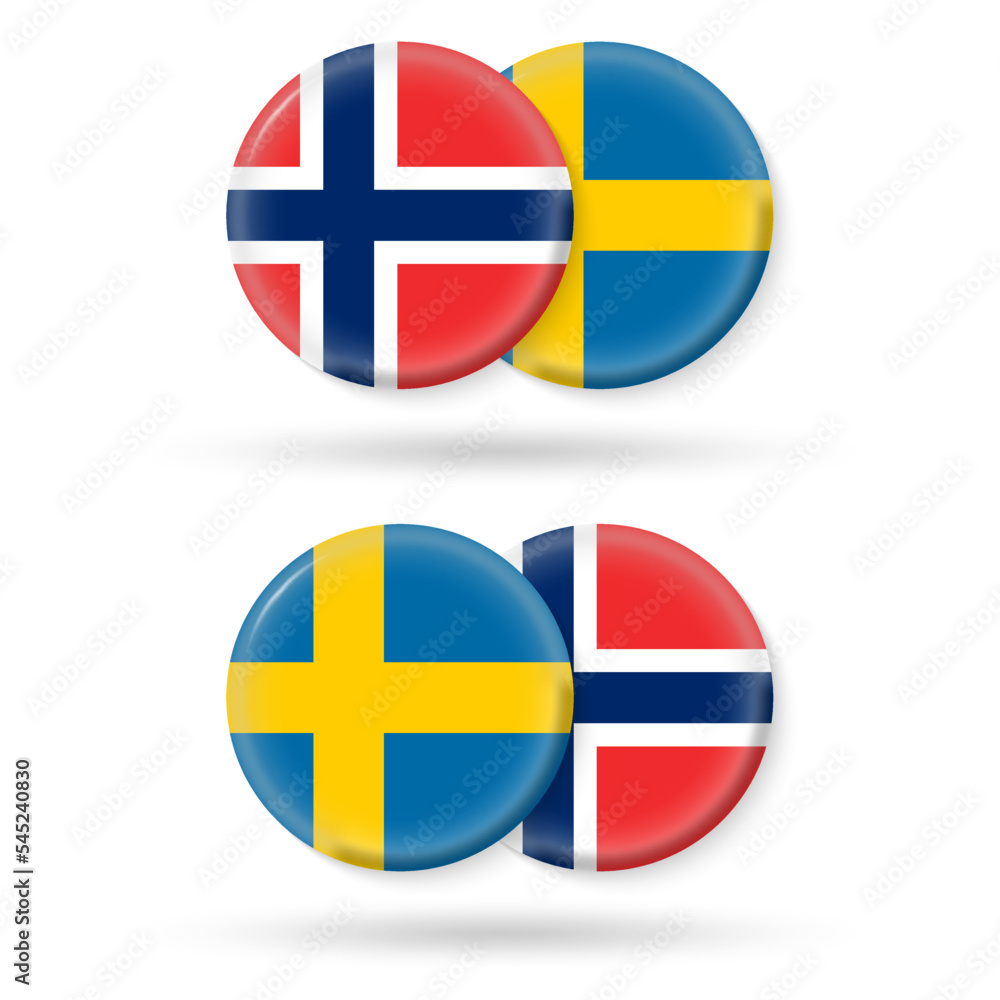 Fototapeta premium Norway and Sweden circle flags. 3d icon. Round Norwegian and Swedish national symbols. Vector illustration.