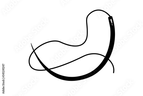 Surgical needle silhouette concept with attached suture material. Vector illustration isolated on white background.