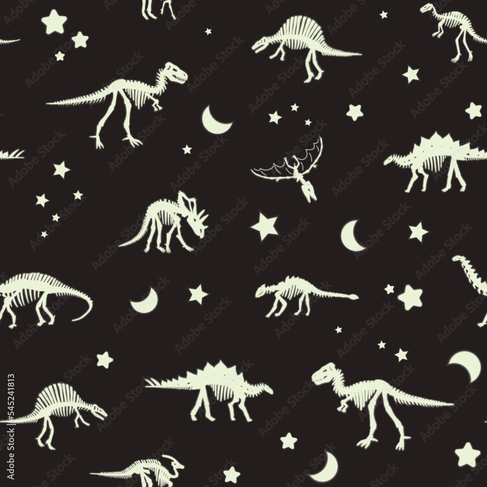 Glowing dinosaur bones and night sky stars vector seamless pattern. Glowing dinosaur bones and night sky stars vector seamless pattern.