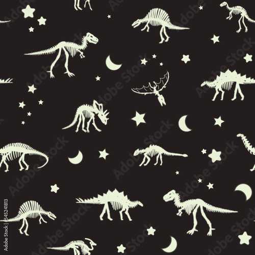 Glowing dinosaur bones and night sky stars vector seamless pattern.