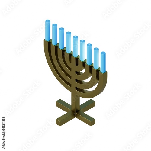 3D RENDERING OF A HANUKKAH MENORAH OR HANUKKIAH WITH NINE BLUE CANDLES ISOLATED ON WHITE PLAIN BACKGROUND