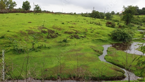 Scenic view of a beautiful landscape will small ponds and hills