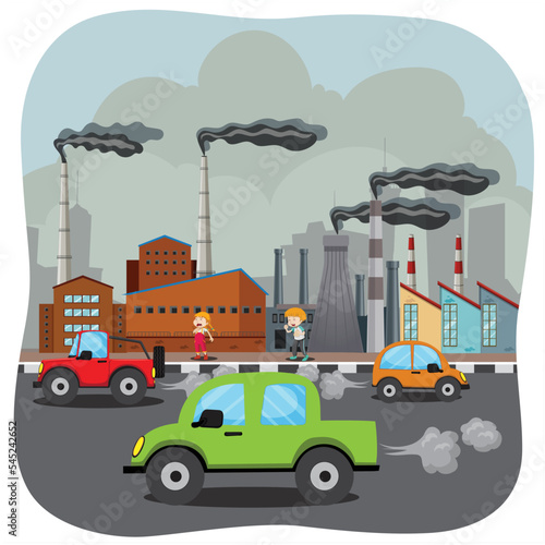 Air pollution concept with Polluted City, vehicle smoke and  factories smoke