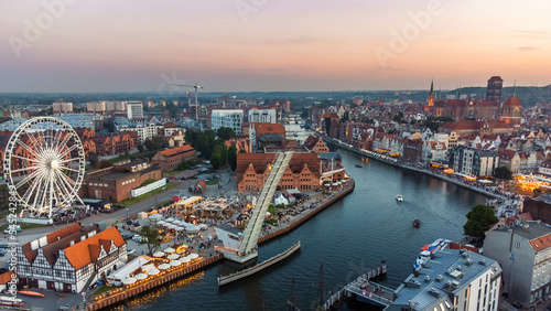 Amazing panorama of Gdańsk with visible church towers. 