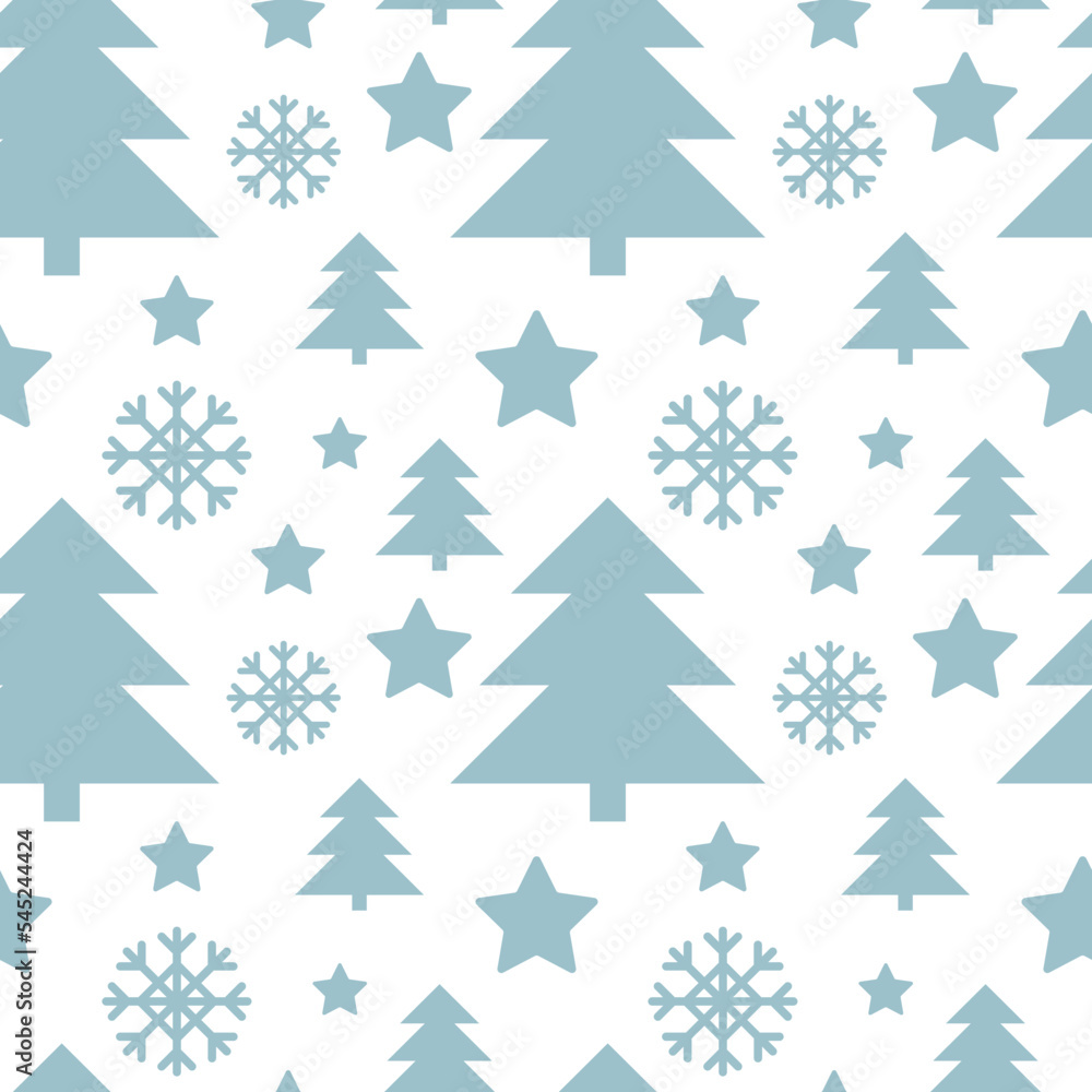 Blue fir trees, stars and snowflakes on white background, monochrome christmas seamless pattern, simple flat illustration. Geometric shapes of Christmas trees in the Scandinavian style. For gift paper Blue fir trees, stars and snowflakes on white background, monochrome christmas seamless pattern, simple flat illustration. Geometric shapes of Christmas trees in the Scandinavian style. For gift paper
