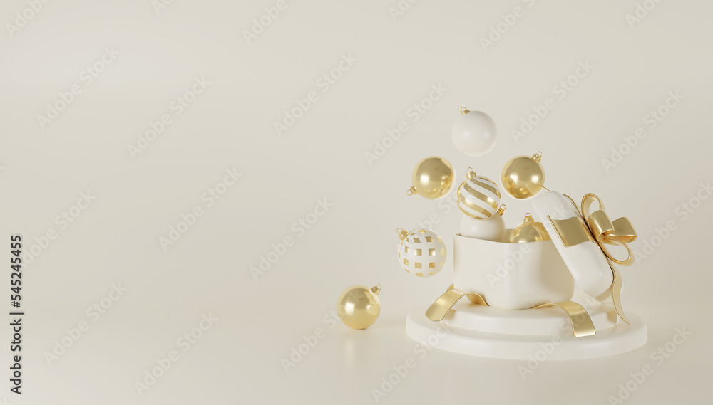 3D Christmas and New Year background.Luxury Style and Golden and Cream Color, Gifts box With Balls on podium and Lighting LED. Gift boxes hanging on ribbon. Ball, Gift boxes.