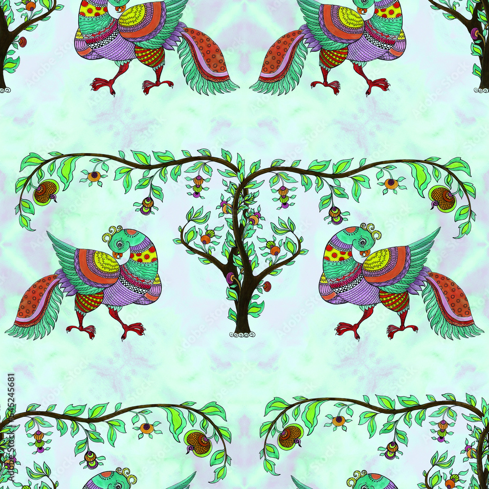 Obraz premium Seamless pattern. Birds and trees are oriental motifs. Indian ethnic patterns. Watercolor. Wallpaper. Use printed materials, signs, objects, websites, maps, posters, flyers, packaging.