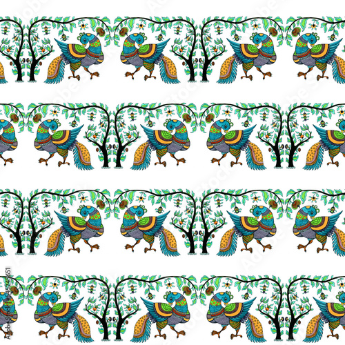 Seamless pattern. Birds and trees are oriental motifs. Indian ethnic patterns. Watercolor. Wallpaper. Use printed materials, signs, objects, websites, maps, posters, flyers, packaging. © gvinevera88
