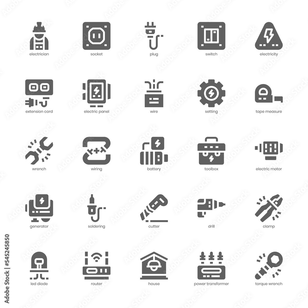 Electrician icon pack for your website, mobile, presentation, and logo design. Electrician icon glyph design. Vector graphics illustration and editable stroke. Electrician icon pack for your website, mobile, presentation, and logo design. Electrician icon glyph design. Vector graphics illustration and editable stroke.