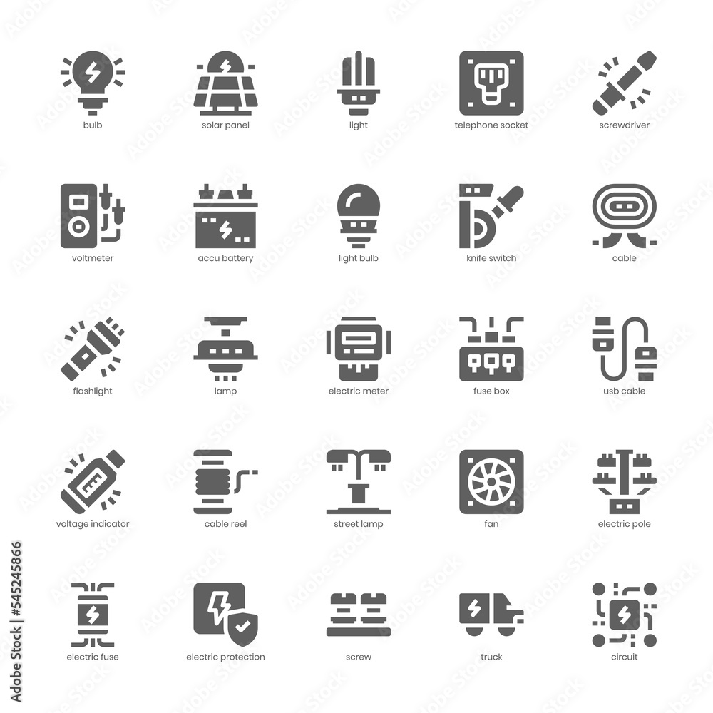 Electrician icon pack for your website, mobile, presentation, and logo design. Electrician icon glyph design. Vector graphics illustration and editable stroke.