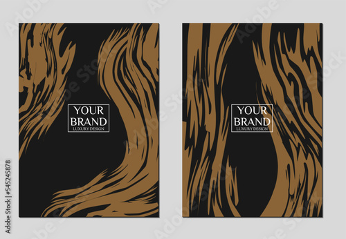 Set of wood motif black cover design. Fancy creative line patterns in premium colors: black, gold and white. Formal vectors for notebook covers, business posters, brochure templates, magazine layouts photo