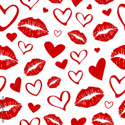 Seamless pattern made up of different red hearts and lipstick female prints for Valentine's day. Endless repeating texture with different red colored female lips and various hearts.