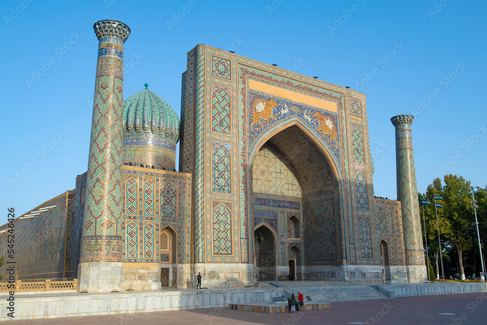 Aancient Sherdor madrasah on a sunny September day. Registan Square. Samarkand, Uzbekistan