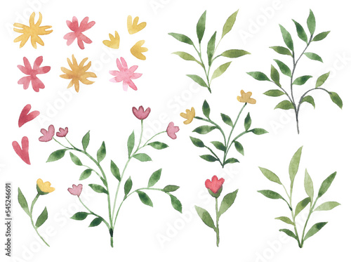 Watercolor set of cute flowers and leaves. Design elements for decoration. Minimalistic and cute style.