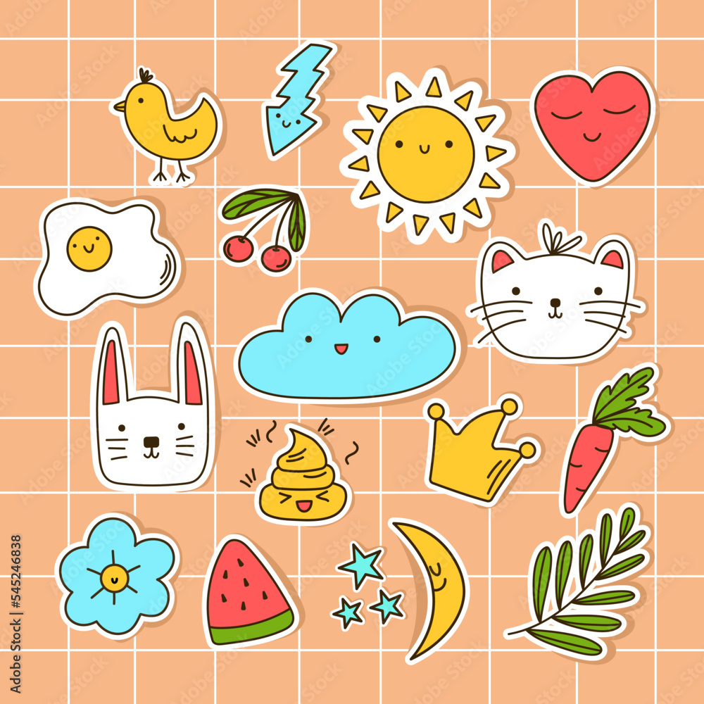 Set kawaii stickers. Cartoon elements for scrapbooking. Vector doodle stickers on a colored background