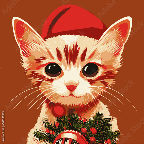 Christmas festive portrait design of a cute kitten perfect as wallpaper and greeting card