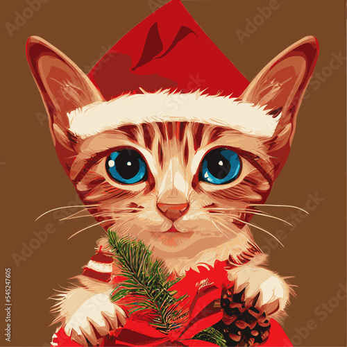 Christmas festive portrait design of a cute kitten perfect as wallpaper and greeting card