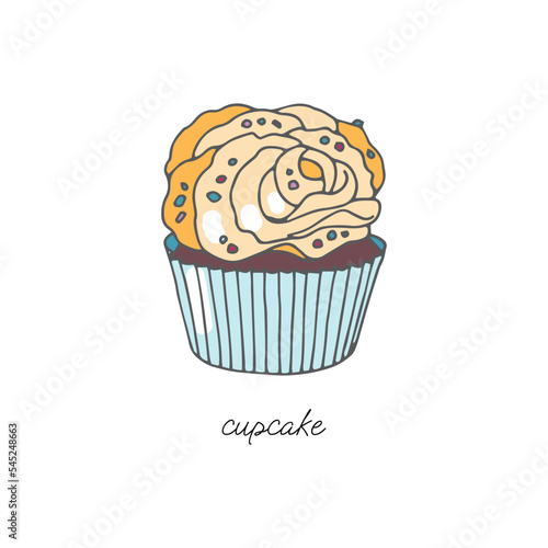 Fresh cupcake with cream decorated with dragee and chocolate chips on a white background