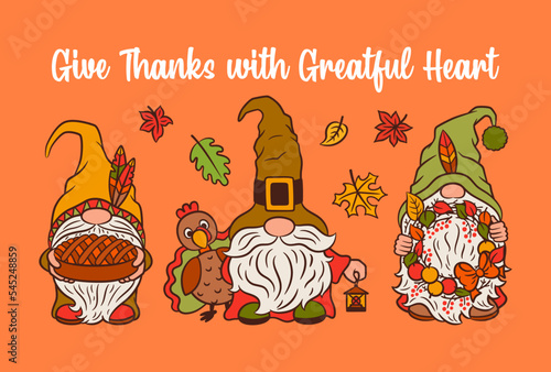 Thanksgiving greeting cute gnomes. November fall design. Happy thanksgiving greeting card text hand lettering style typography. Fun scandinavian gnomes autumn vector illustration.