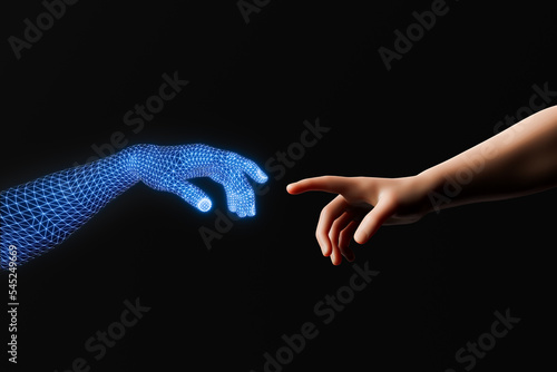 Digital wire hand approaching a human hand