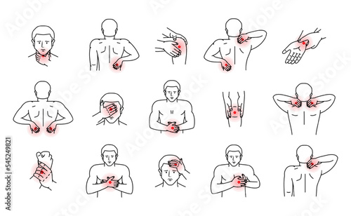 Pains in the human body. Ache in head, neck, shoulder, knee, chest, abdomen, wrist, back, elbow. Arthritis and rheumatism, joint pain illustration.