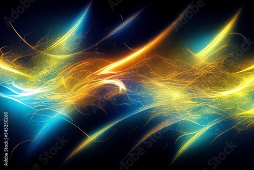 Abstract cosmic dark blue background with neon golden lights, virtual reality.