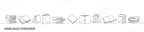 Books one line continuous drawing. Bookstore, library continuous one line illustration. Vector minimalist linear illustration.