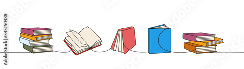 Books set one line colored continuous drawing. Bookstore, library continuous one line colorful illustration. Vector minimalist linear illustration.