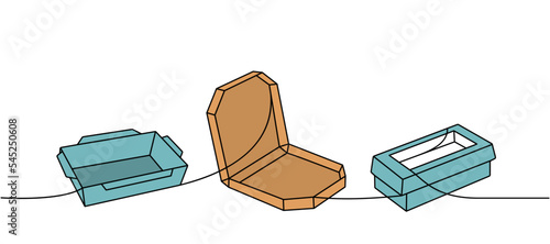 Set of takeaway cardboard boxes one line colored continuous drawing. Empty cardboard boxes, bags for takeaway food one line colorful illustration.