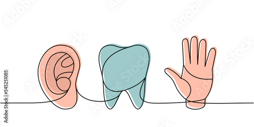 Set of human organs one line colored continuous drawing. Tooth, ear, hand continuous colorful one line illustration. Vector linear illustration.