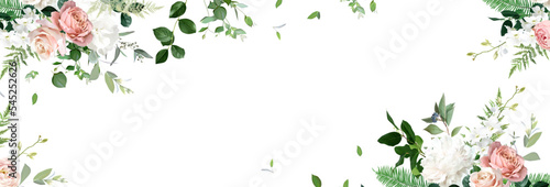 Fotografia Classic white peony, hydrangea, pink rose and orchid flowers, eucalyptus, fern,